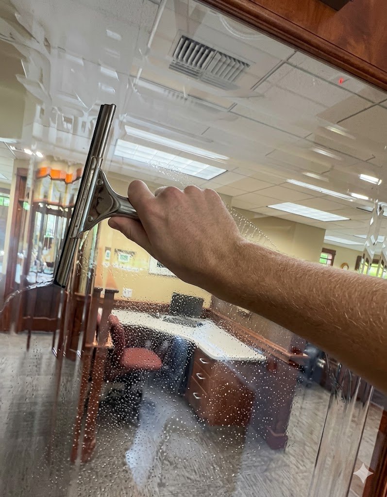 Kai squeegeeing an interior office window